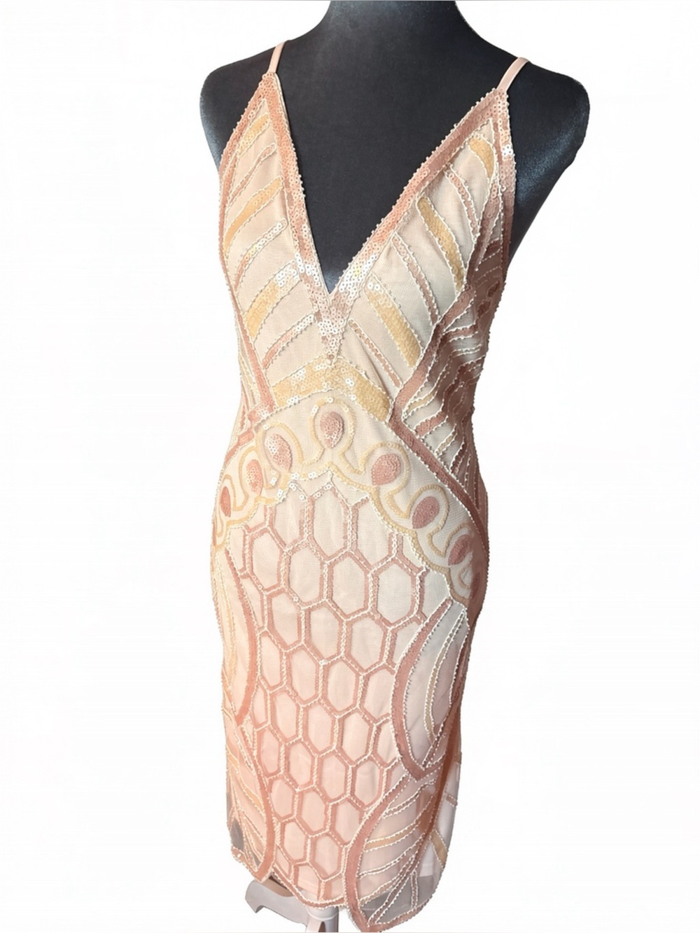 NWT Metme Rose Gold Sequin Art Deco Gatsby Flapper Dress Size Small